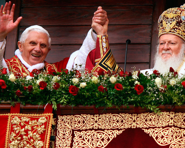 Anti Pope Benedict XVI cheering with the schismatic Eastern “Orthodox” Bartholomew I, in his Nov. 2006 visit to Turkey