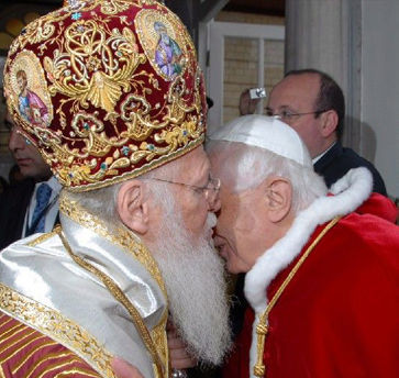 Anti Pope Benedict XVI kisses the schismatic Eastern “Orthodox” Bartholomew I